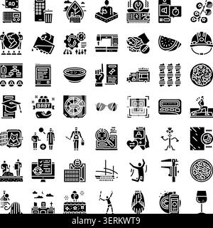 Große Sammlung von verschiedenen monochromen Glyphen-Symbolen, die verschiedene Konzepte darstellen, darunter Werbung, Konstruktion, Umwelt, Gesundheit, Technologie, Stock Vektor