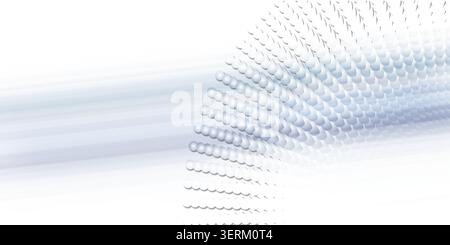 Eine digitale Kunstkomposition mit einer geschwungenen, fächerähnlichen Anordnung von Kugeln vor einem weichen, hellblauen, bewegungsunscharfen Hintergrund. Stockfoto