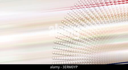 Ein abstrakter Hintergrund mit einem radialen Muster von Kugeln kombiniert mit subtilen Lichtstreifen, die einen dynamischen und ätherischen Effekt erzeugen. Stockfoto
