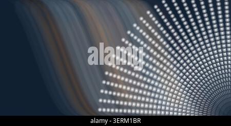 Ein abstrakter Hintergrund mit einem dunkelblauen Farbverlauf mit fließenden Linien auf der linken Seite und einem radialen Muster aus leuchtenden Kugeln auf der rechten Seite. Stockfoto