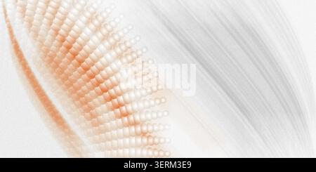 Ein abstraktes Design mit einem Farbverlauf aus orangefarbenen Kugeln auf der linken Seite, die sich in weiche, graue, bewegungsunscharfe Linien auf einem strukturierten Hintergrund verschmelzen lassen. Stockfoto