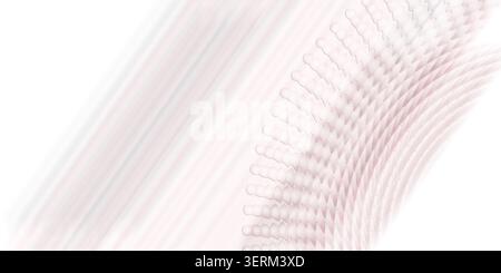 Ein abstrakter Hintergrund mit einem geschwungenen Muster aus rosa Kugeln, die in strahlenden Linien angeordnet sind, erzeugt ein Gefühl von Tiefe und Bewegung auf einem weißen Hintergrund Stockfoto