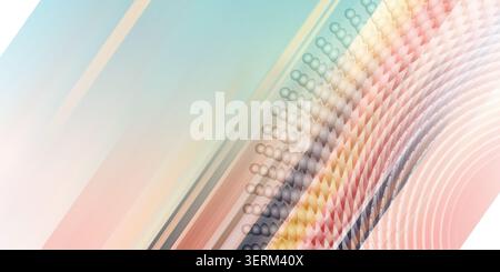 Ein lebendiger abstrakter Hintergrund, der warme und kühle Farben vereint, mit einem radialen Muster aus Kugeln und dynamischen diagonalen Lichtstreifen. Stockfoto