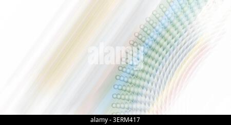 Ein abstrakter Hintergrund mit einem gekrümmten Muster aus mehrfarbigen Kugeln, die in strahlenden Linien angeordnet sind und von Blau zu Grün und Gelb übergehen. Stockfoto