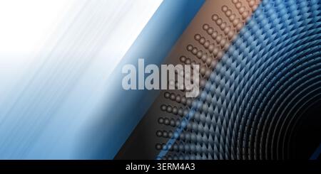 Eine dynamische, abstrakte Komposition, die Blau- und Brauntöne vereint und ein radiales Muster von Kugeln aufweist, die von einem glatten Verlauf zu einem texturierten übergehen Stockfoto