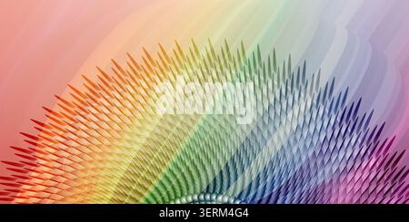 Ein farbenfrohes abstraktes Design mit einem radialen Ausbruch stachelartiger Formen, die durch ein Regenbogenspektrum übergehen, isoliert auf weißem Hintergrund. Stockfoto