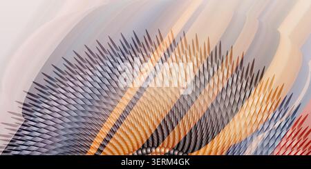 Ein dynamisches abstraktes Design mit einem Radialfan scharfer, strukturierter Elemente, die sich über fließenden, warmen Wellen in Orange, Braun und Grau verteilen. Stockfoto