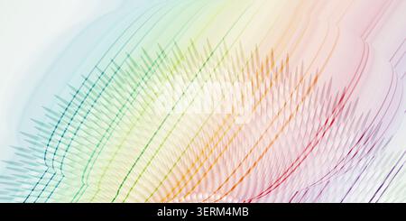 Eine lebendige abstrakte Komposition mit einem radialen Stachelmuster, das mit einem fließenden Regenbogenfarbspektrum überlagert ist und Licht und geometrische Präzision vereint Stockfoto