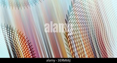 Ein abstraktes Bild, das lebendige, mehrfarbige Lichtstreifen mit einem komplexen, sich wiederholenden geometrischen Muster kleiner, scharfer, blattartiger Formen zeigt. Stockfoto