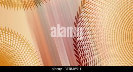 Eine abstrakte digitale Kunstkomposition mit radialen Stachelformationen und einem strukturierten, mehrschichtigen Muster mit warmen Orange- und Brauntönen. Stockfoto