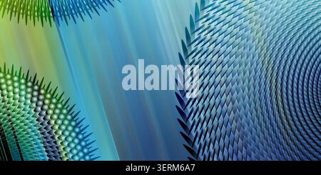 Ein farbenfrohes abstraktes Design mit kreisenden, spitzen Elementen und einem strukturierten Gittermuster, das Blau- und Grüntöne mit hellen Streas verbindet Stockfoto