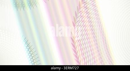 Ein abstrakter Hintergrund, der einen irisierenden, mehrfarbigen Verlauf mit holografischer Haptik zeigt, kombiniert mit sich wiederholenden geometrischen Mustern. Stockfoto