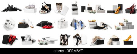 Sortiment an neuen Schuhen in verschiedenen Stilen und Farben mit offenen und geschlossenen Schuhkartons, Einzelhandel und Modebranche Stockfoto