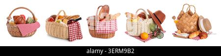 Von fünf Picknickkörben mit frischen Speisen, Getränken und Zubehör für Outdoor-Speisen Stockfoto