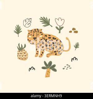 Niedlicher afrikanischer Leoparden- und Ananasdruck im skandinavischen Doodle-Stil. Cartoon Vektor Illustration, tropische Palme und Früchte, Kritzelflora Stock Vektor