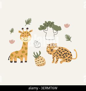 Niedlicher afrikanischer Leopard, Giraffe und Ananas und Komposition im skandinavischen Doodle-Stil. Cartoon Vektor Illustration, tropische Palme und Früchte, Doodl Stock Vektor