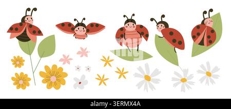 Niedlicher Marienkäfer und Blumen Vektor im Cartoon Flat Stil. Marienkäfer auf Blättern und Chamomila, Gänseblümchen. Rotes Käfer-Set im kindlichen Stil. Können wir Stock Vektor
