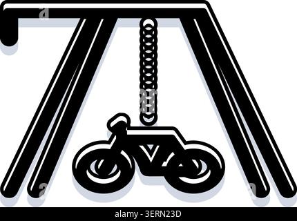 Schwarz-weiß-Illustration, die ein Fahrradsymbol zeigt, das an einer Feder an einer grundlegenden A-Rahmenstruktur aufgehängt ist und Nachhaltigkeit, Verspieltheit, Stock Vektor