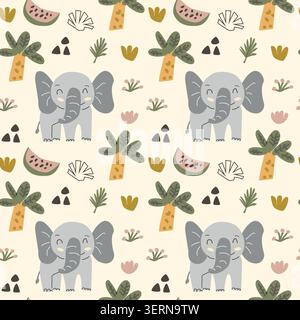 Süßes, nahtloses Muster aus afrikanischem Elefant und Wassermelone im skandinavischen Doodle-Stil. Zeichentrickvektor Illustration, tropische Palme und Früchte, Kritzele florale Elemente in kindlicher Art. Stock Vektor