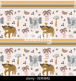 Süßes afrikanisches Büffel- und Elefantenmuster im skandinavischen Doodle-Stil. Zeichentrickvektor Illustration, tropische Palme und Früchte, Kritzele florale Elemente in kindlicher Art. Stock Vektor