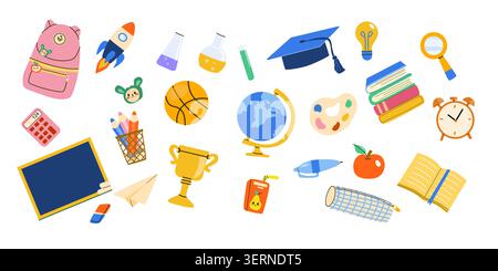 Set von Cartoon Back to School Vorräte, Vektorillustration isoliert auf weiß. Schulpapier und Bus, Tafel und Bildung, Wissenschaftselemente Set. Zeichentrickfilm-Flat-Kindergarten- und Grundschulikonen. Stock Vektor