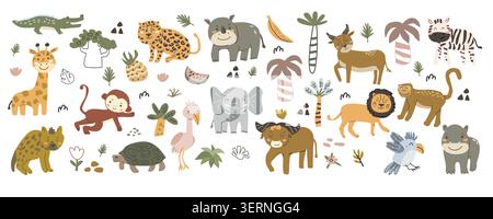 Große Auswahl afrikanischer Safaritiere im kindlichen skandinavischen Stil. Doodle Cartoon Vektor Illustration von Babytieren. Löwe, Affe, Nashorn und Nilpferd, Schildkröte und Flamingo, Papagei. Exotische Palmen und Blätter. Stock Vektor