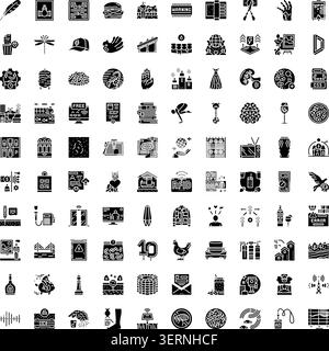 Detaillierte Auswahl an Symbolen für schwarze Glyphen, die verschiedene Konzepte von Business, Technologie, Lebensmittel, Natur und Alltagsgegenständen darstellen, angeordnet in einem Raster für Stock Vektor