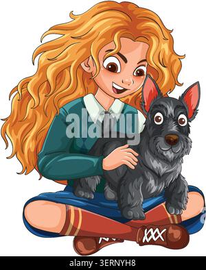 Eine Zeichentrickillustration eines Mädchens in Schuluniform, das im Kreuz sitzt und einen Terrier streichelt Stock Vektor