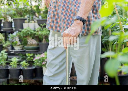 Schuss von reifem Mann mit Gehstock, der zu Hause im Garten steht, älterer älterer Mann, der die Hände am Edelstahlstock hält. Gesundheit älterer Menschen Stockfoto