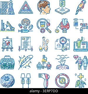 Handgezeichnete Scribble-Icons sammeln verschiedene Objekte, Symbole und Konzepte, veranschaulichen eine Vielzahl von Themen von Gesundheit und Wissenschaft bis hin zu täglichen l Stock Vektor