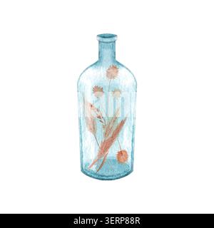 Blaue Glasflasche mit getrockneten Blumen Gras Aquarell. Handgemalte Boho-Dekor-Illustration isoliert auf weiß. Perfekt für die Inneneinrichtung an der Küste Stockfoto