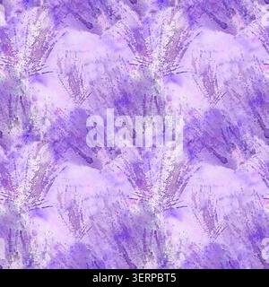 Abstrakte, nahtlose Textur mit violetten, lavendelfarbenen und weißen Wäschen, mit verstreuten Pinselspuren und feinen Spritzern. Ideal für elegante Ba Stockfoto