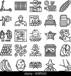 Satz von linearen Vektorsymbolen, die Konzepte wie Transport, Gesundheit, Landwirtschaft, digitale Sicherheit, Arbeit, Shopping und verschiedene menschliche c Stock Vektor