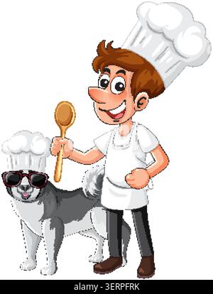 Vektor-Illustration eines lächelnden Küchenchefs und eines Huskys, der Sonnenbrille und Haubenhüte trägt Stock Vektor