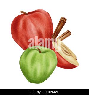 Aquarellillustration von ganzen und geschnittenen Äpfeln in Rot und Grün mit Zimtstäbchen Stockfoto
