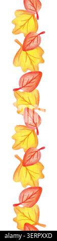 Handgezeichnetes, vertikales, nahtloses Farbstiftband mit hellem Herbstlaub. Saisonaler botanischer Rand mit sich wiederholendem warmem Gelb und Orange Stockfoto