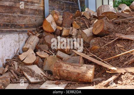 Ein Haufen von rustikalem, gehacktem Brennholz, rohen Holzstämmen und trockenen Holzresten liegt bei Tageslicht an einer verwitterten Scheunenwand in Deutschland, bereit für den Sieg Stockfoto