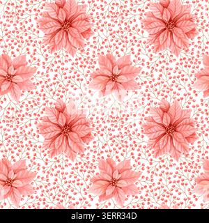 Nahtloses Aquarellmuster mit Weihnachtsstern und roten Winterbeeren. Handgezeichnetes, weihnachtliches Blumenmuster in Pastellfarben Stockfoto