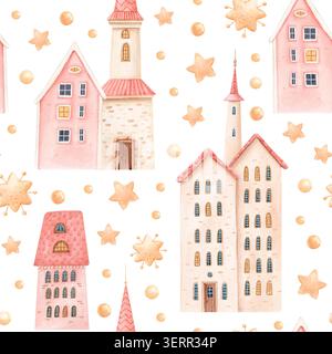 Nahtloses Aquarellmuster mit skurrilen Weihnachtshäusern, Sternen und goldenen Perlen. Handgezeichnetes pastellfarbenes Weihnachtsdesign Stockfoto
