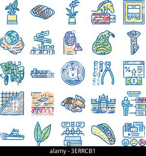 Handgezeichnete Skizzensymbole, die eine vielfältige Sammlung von bunten Doodle-Symbolen schaffen, abstrakte Vektoren, die verschiedene Konzepte von Natur und Nahrung bis hin zu präsentieren Stock Vektor