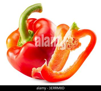 Leuchtend rote Paprika mit grünem Stiel auf einem sauberen weißen Hintergrund. Stockfoto