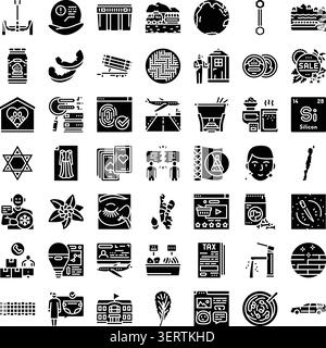 Sammlung schwarzer Glyphen auf weißem Hintergrund, die verschiedene Geschäfte, Finanzen, Wissenschaft, Reisen, Sicherheit, Kommunikations- und Servicekontrolle Stock Vektor