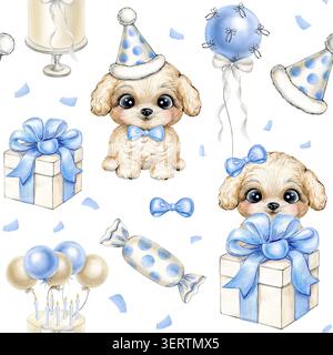 Aquarell nahtloses Muster für einen Geburtstag in Blautönen mit Illustrationen von Welpen, Kuchen, Süßigkeiten, Ballons, Geschenken. Handgefertigte Illustration Stockfoto