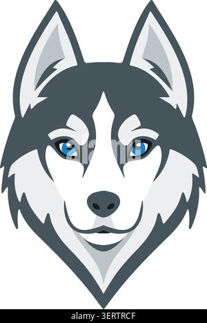 Flache Illustration eines Husky-Hundes Gesicht mit spitzen Ohren blauen Augen dunkelgrauen Markierungen und weißem Fang Stock Vektor