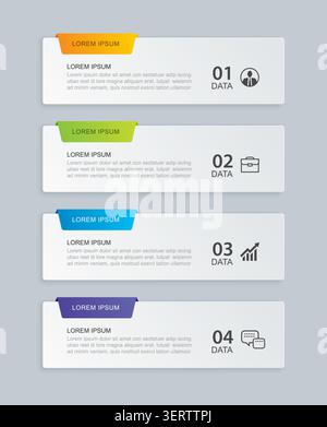 Business Infografik horizontale Papieretiketten Bannervorlage 4 Optionen Schritte Layout. Stock Vektor
