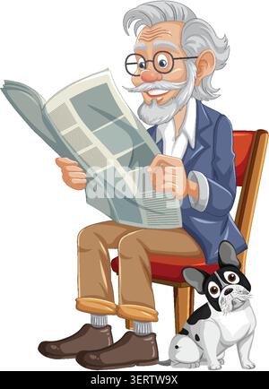 Comic älterer Mann liest Zeitung auf Stuhl, französischer Bulldog sitzt nebenan, heller Vektorstil Stock Vektor