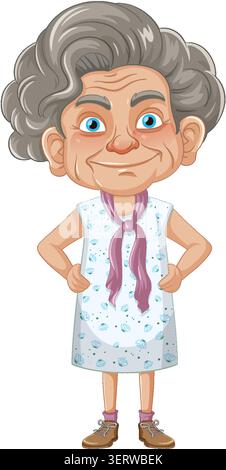 Grauhaarige ältere Frau im Kleid, Hände auf Hüften, Karikaturvektor, Vorderansicht, helle Farben Stock Vektor