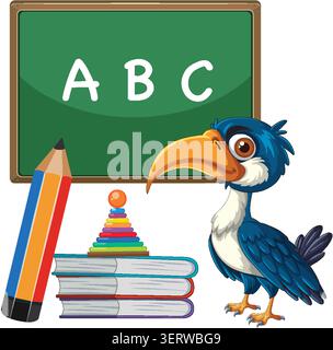 Vektor-Illustration eines blauen Vogels, der neben Büchern, Bleistift und Alphabet Tafel steht. Stock Vektor