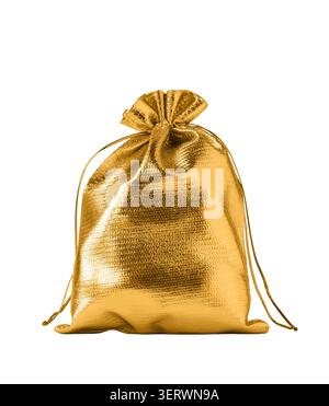 Goldener Schatzsack isolierter Ausschnitt auf weißem Hintergrund Stockfoto