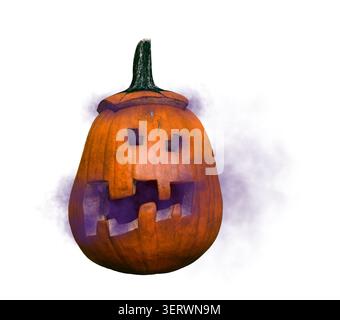Eine geschnitzte orange Jack-o-Laterne mit einem gruseligen Gesicht, das purpurnen Rauch und Nebel ausstrahlt, isoliert auf weißem Hintergrund Stockfoto